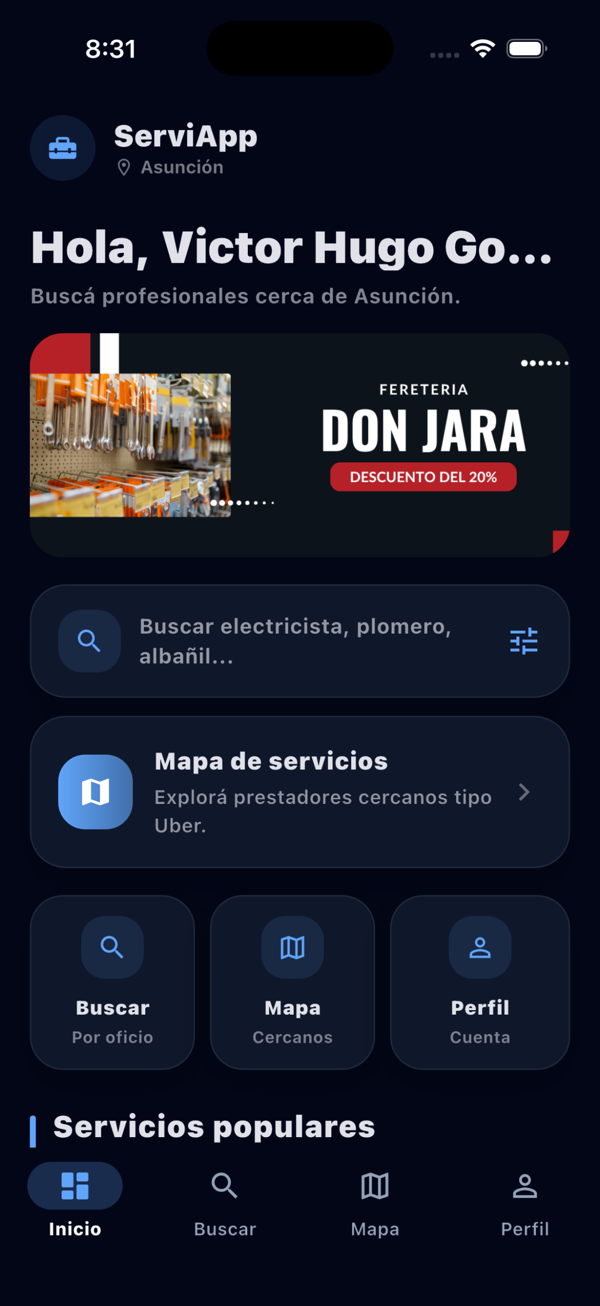 ServiApp pantalla principal